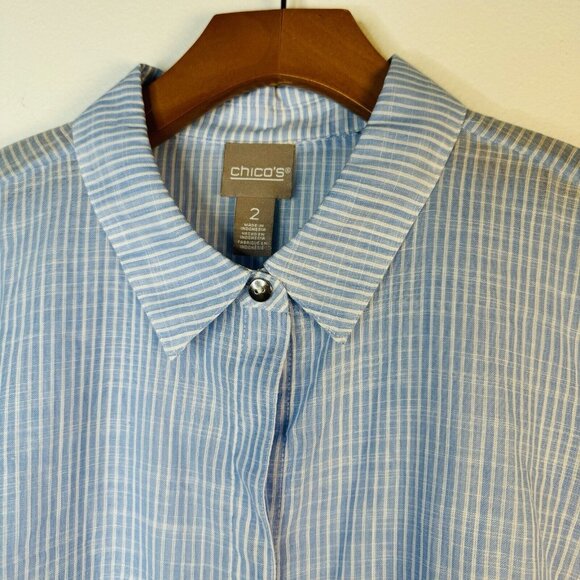 Chico’s Size‎ 2 12/14 Blue Button Shirt Top Blouse 3/4 Sleeve Sheer Stripe - Picture 6 of 9